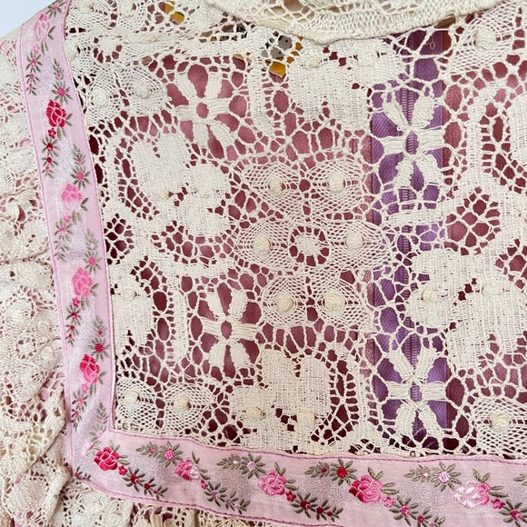 Vintage 70s Pink Satin Prairie Dress Crochet Lace Ruffle Flower Ribbon High Neck - Picture 9 of 14